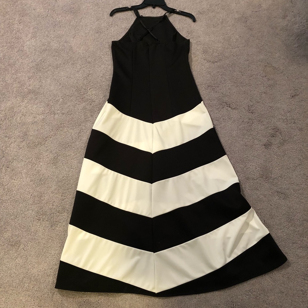 Black and white dress with chevron pattern skirt